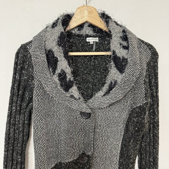 Sioni Patchwork Cardigan Button Front Gray Animal Print Eyelash Knit Mob Wife - Picture 4 of 8